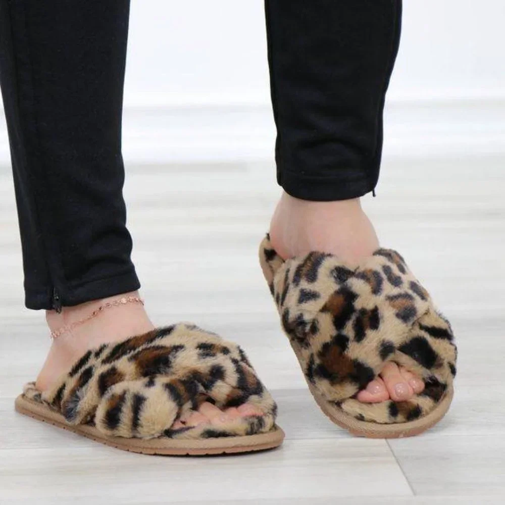Leopard  Fuzzy Furry Criss Cross Sandal Sliders - Picture 4 of 14